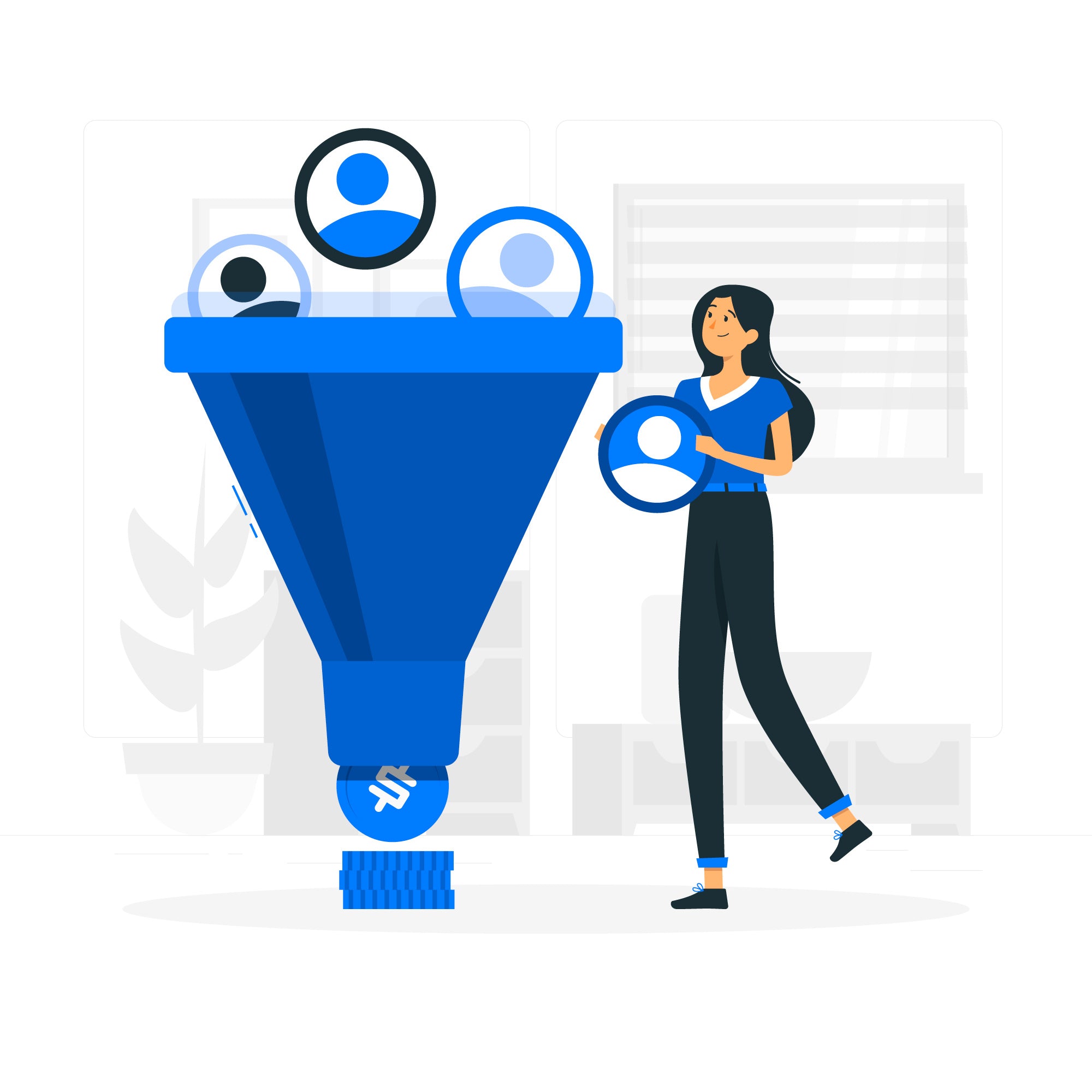 Ilustração em tons de branco, azul e preto. Mostra uma moça com um grande funil de vendas na cor azul, onde ela insere símbolos que indicam clientes.