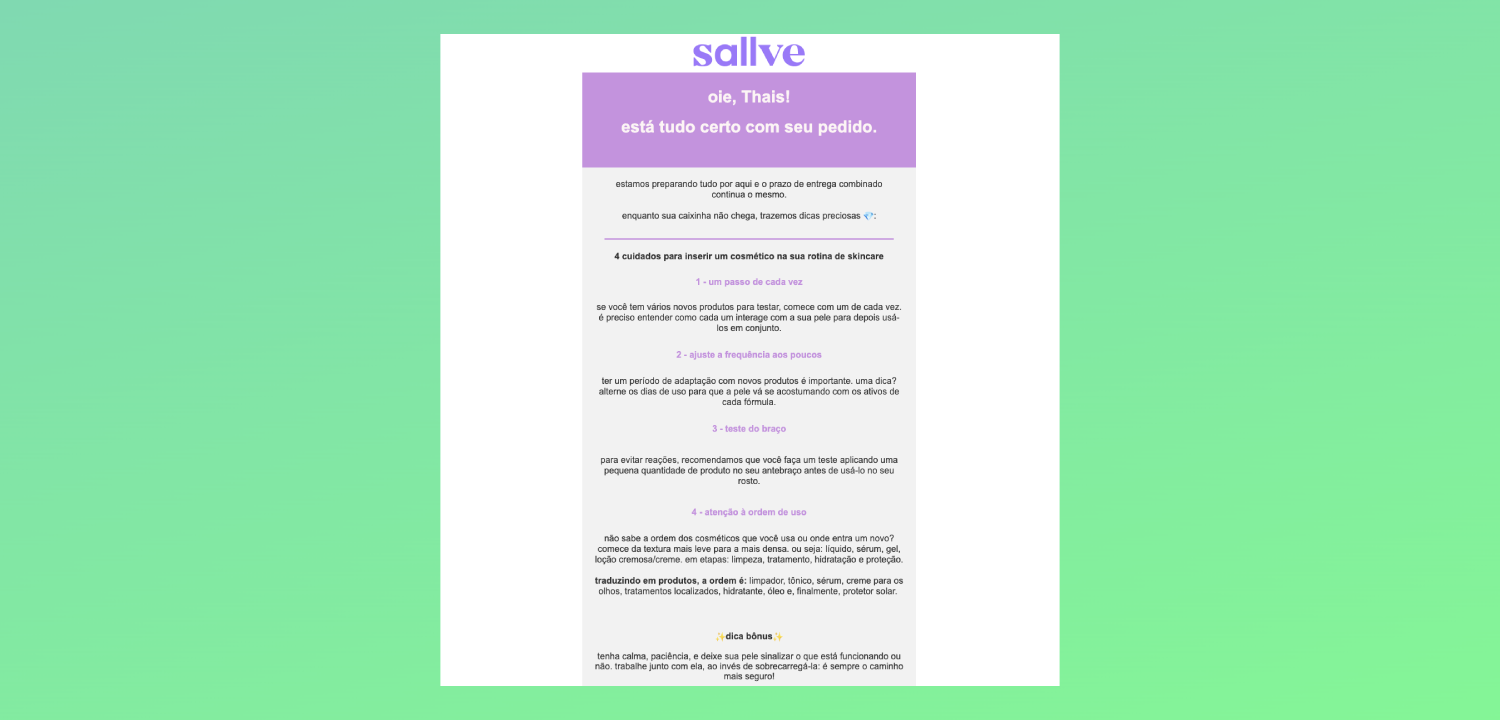 Mensagem de pós-venda por e-mail da Sallve sobre rotina e adaptação de skincare