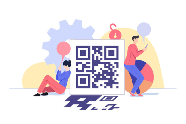 Ilustração com duas pessoas usando o celular, com um QR code no centro