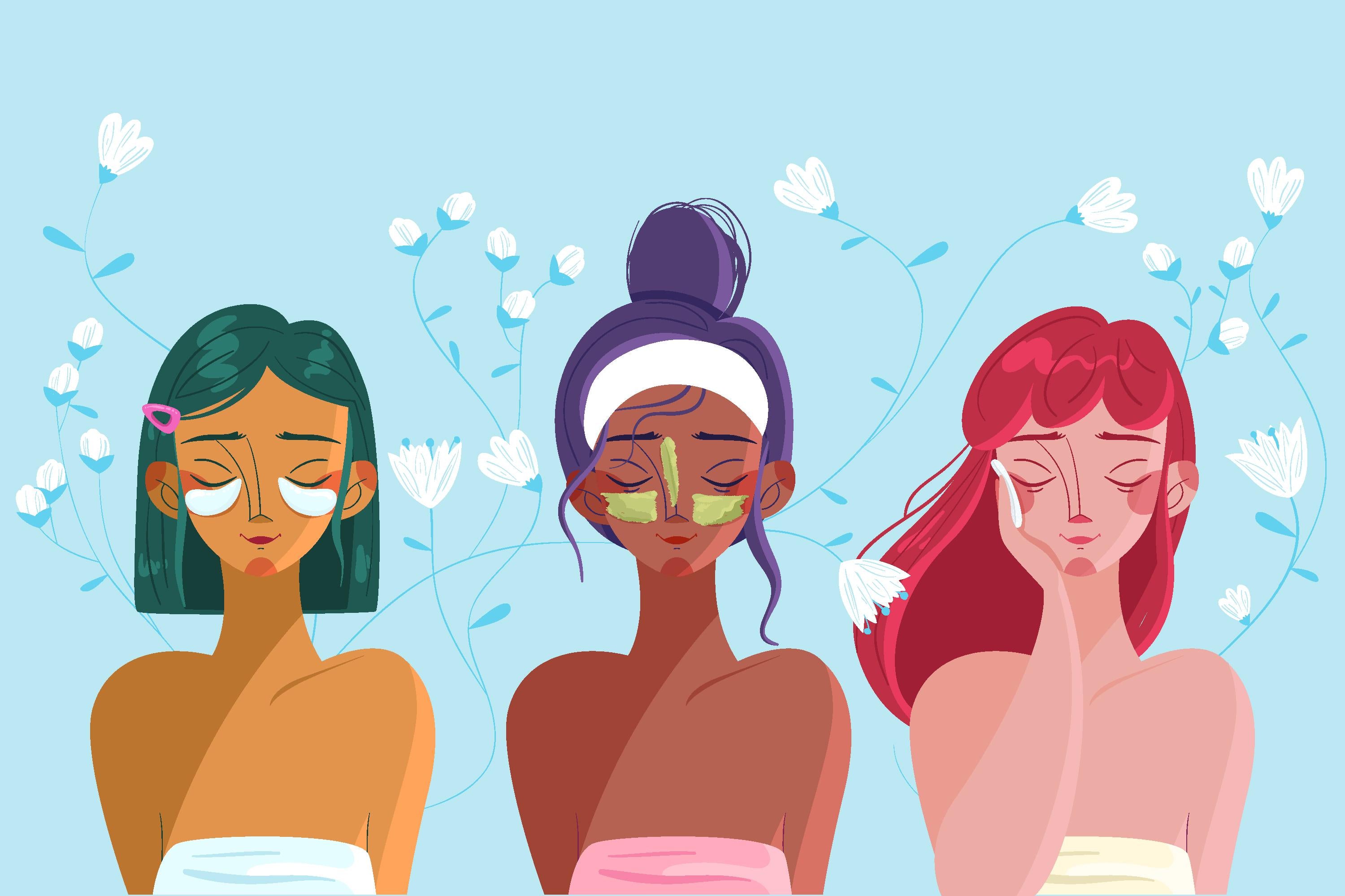 Ilustração de três mulheres aplicando produtos de skincare após o banho