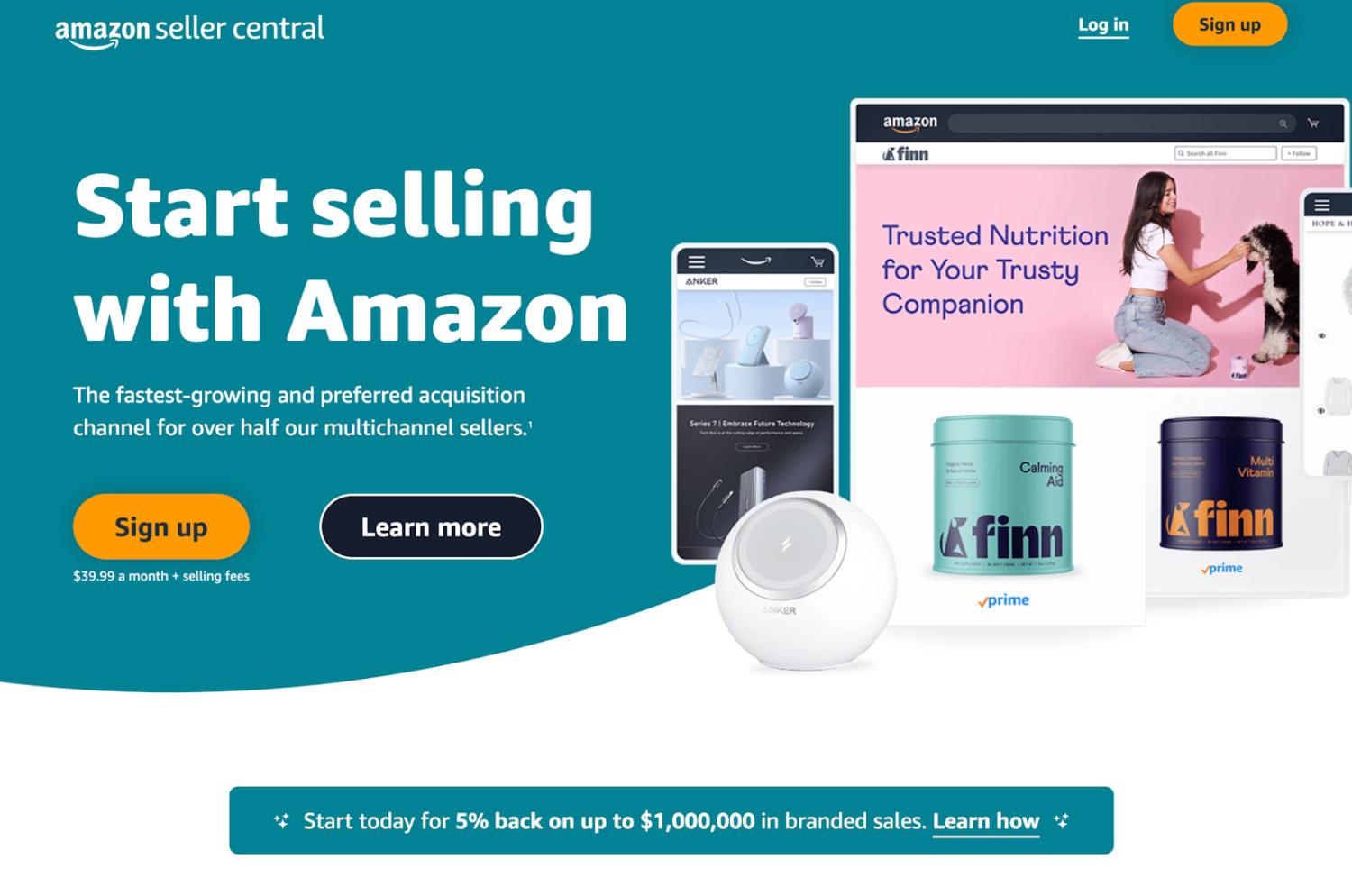 Captura de tela da Central do Vendedor da Amazon, convidando um comerciante a se inscrever para vender no marketplace.
