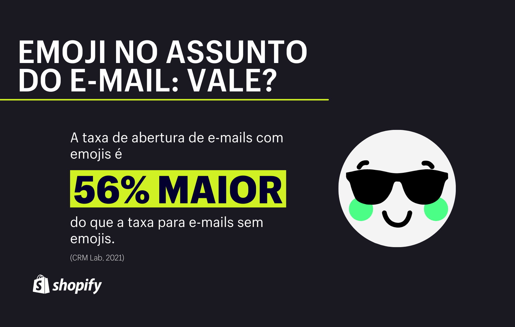 Infográfico com fundo preto sobre estatísticas e-mail marketing. No primeiro plano, em branco e verde, há a informação de que a taxa de abertura de e-mails com emojis no assunto é 56% maior do que e-mails sem emojis.