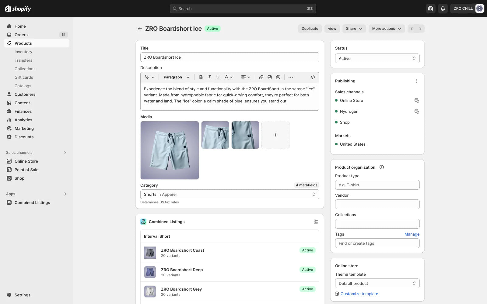 Captura de tela do admin da Shopify com menu lateral e exemplo de produto (shorts) contendo título, descrição, fotos e listagem combinada.