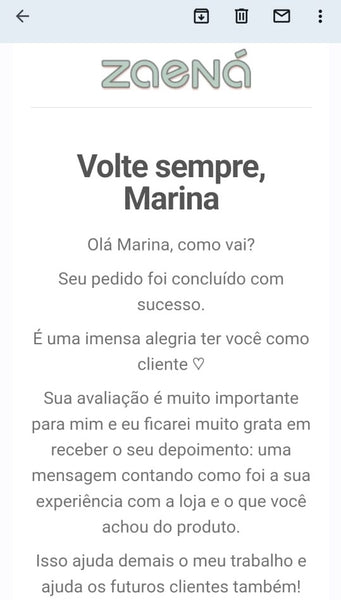 A Zaená manda um e-mail muito fofo para pedir uma avaliação de produto para suas clientes