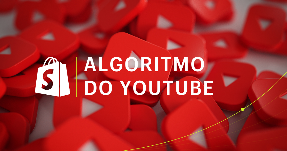 Vários logotipos do YouTube empilhados de forma desordeira em cima de uma superfície plana. No primeiro plano, em branco e de forma centralizada, estão o logo da Shopify e as palavras "logotipo do YouTube"