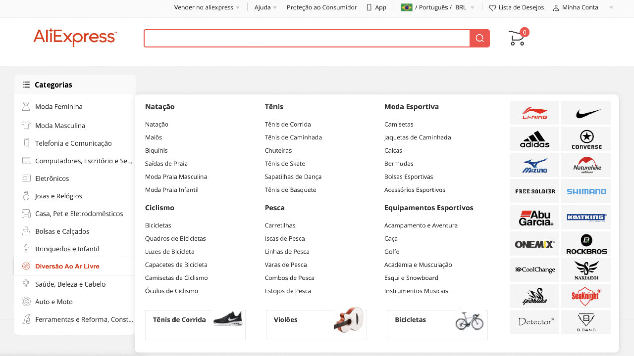 Página de categorias de produto dentro do site AliExpress