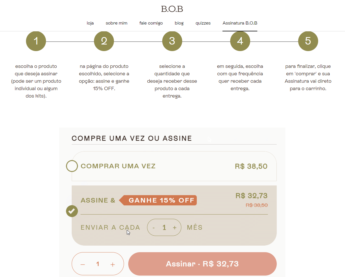 Captura de tela do site da B.O.B, que explica como funciona o clube de assinatura da marca