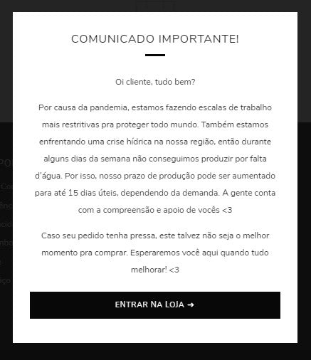 Pop-up do site da Brusinhas sobre possíveis atrasos de entrega