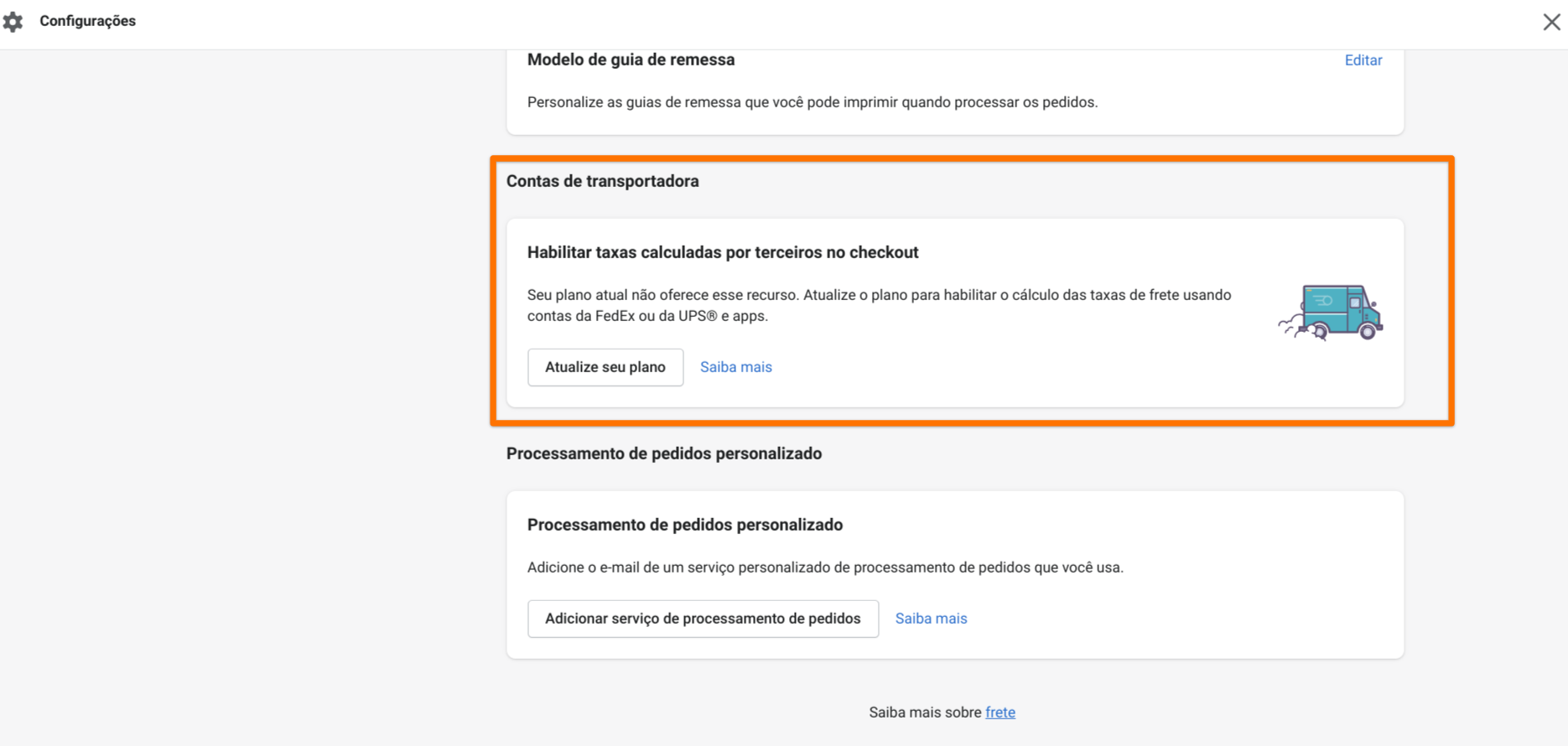 Captura de tela do admin da Shopify com o CCS desabilitado