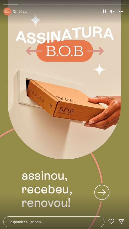 Captura de tela de um Instagram Story da B.O.B, que tem um clube de assinatura de sabonetes artesanais que são shampoo e condicionador em barra.
