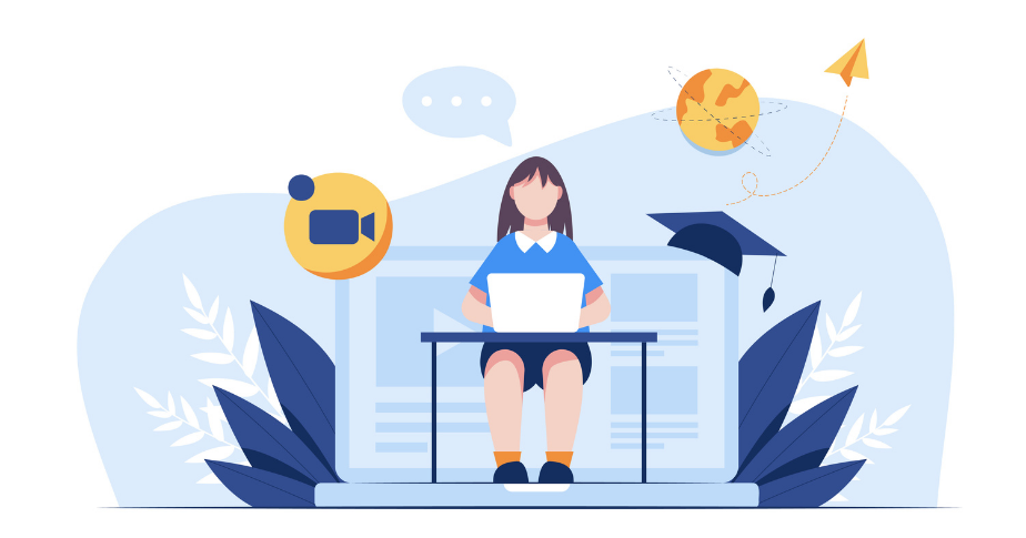 Ilustração com uma jovem sentada em uma mesa, trabalhando em um notebook. Ao seu redor estão ícones que traduzem a ideia de aprendizagem e de cursos online, um bom empreendimento para quem quer saber como começar um negócio. 