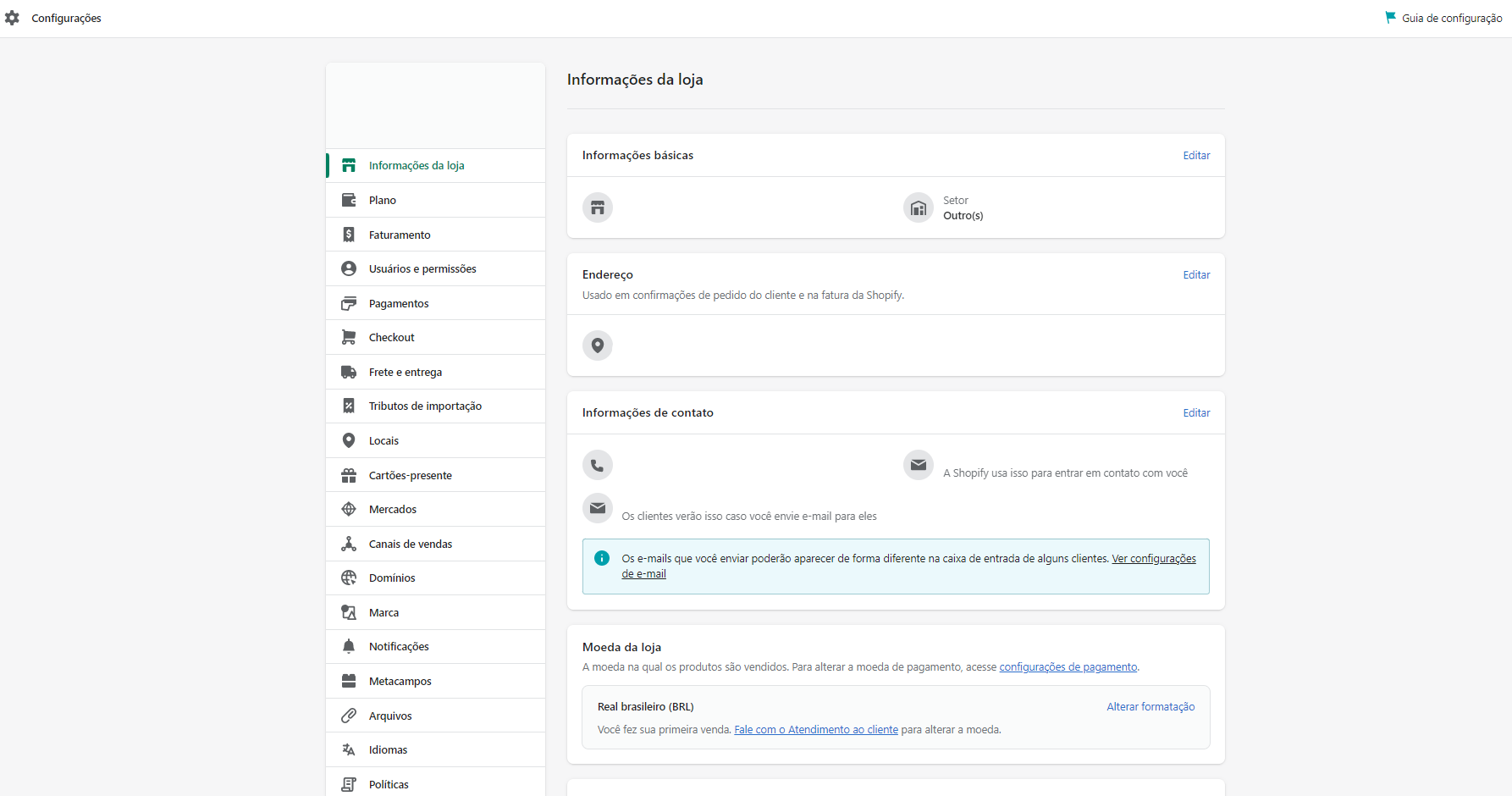 Como montar uma loja virtual na Shopify: captura de tela do admin da Shopify, mostrando a página onde é possível editar informações da loja