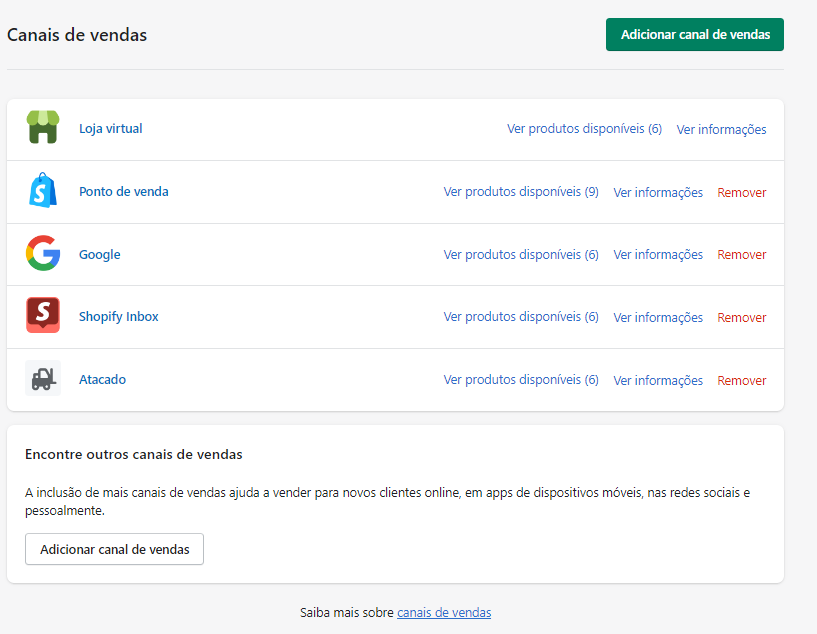 Como montar uma loja virtual na Shopify: captura de tela do admin da Shopify, mostrando a opção de incluir ou remover canais de vendas