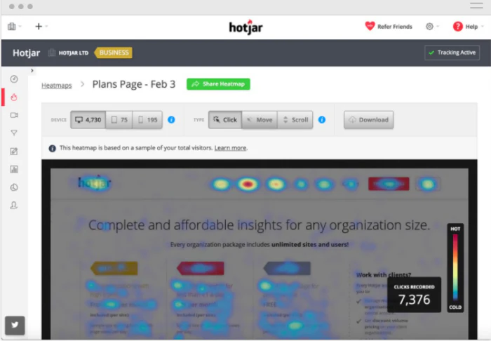 mapa de Click Heatmaps no Hotjar