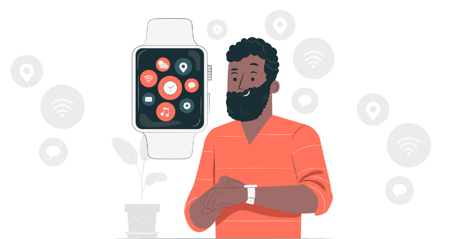 Vender relógio dá dinheiro? Uma ilustração com um smartwatch ao fundo. No centro da ilustração há um homem negro, consultando seu smartwatch no pulso.