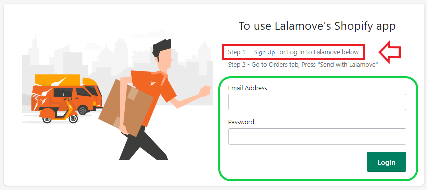 Captura de tela do admin da Shopify. O app da Lalamove já foi instalado e agora é necessário criar uma conta.