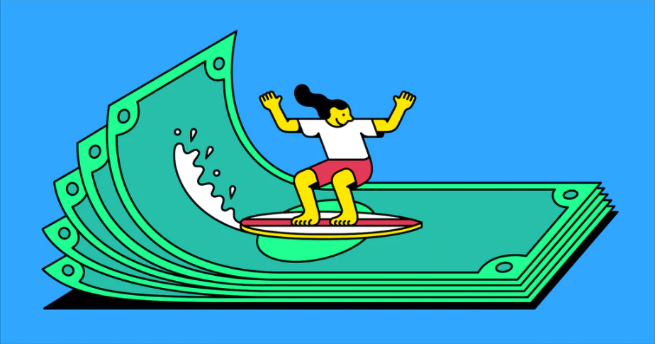 Ilustração com uma mulher, vestindo calção vermelho e blusa branca, surfando em cima de um bolo de notas de dinheiro. As notas se inclinam, como se fossem ondas. A imagem simboliza uma empreendedora "surfando" na onda de um bom fluxo de caixa