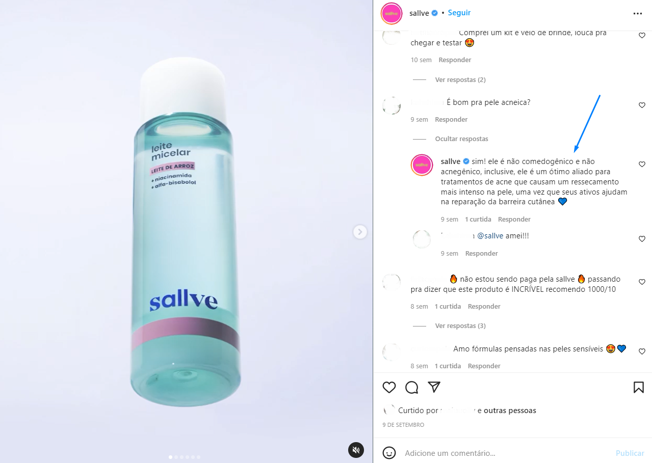 Post de Instagram da Sallve em que a marca reage a um comentário de cliente e deixa frases de divulgação do produto e da marca