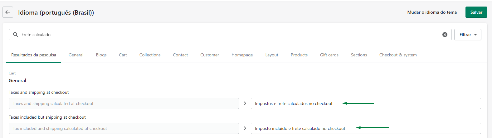 Captura de tela do admin da Shopify, mostrando a remoção do código de frete calculado