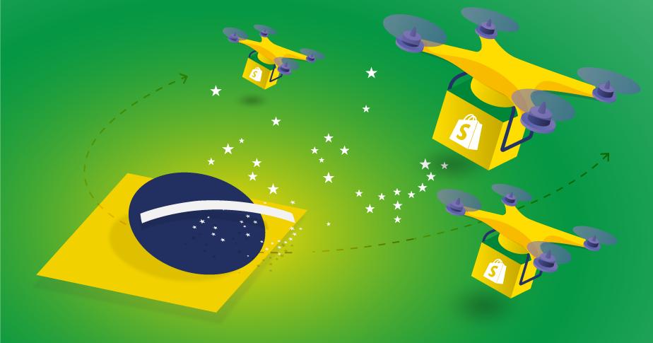 Imagem com as cores da bandeira do Brasil, mostrando três drones amarelos com o logo da Shopify decolando com a bandeira brasileira ao fundo.