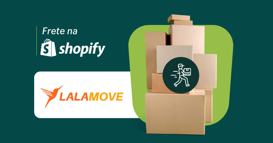 Montagem com um plano de fundo verde escuro. No primeiro plano, ao lado direito, estão caixas de papelão empilhadas. No lado direito, estão os logos da Shopify e da Lalamove