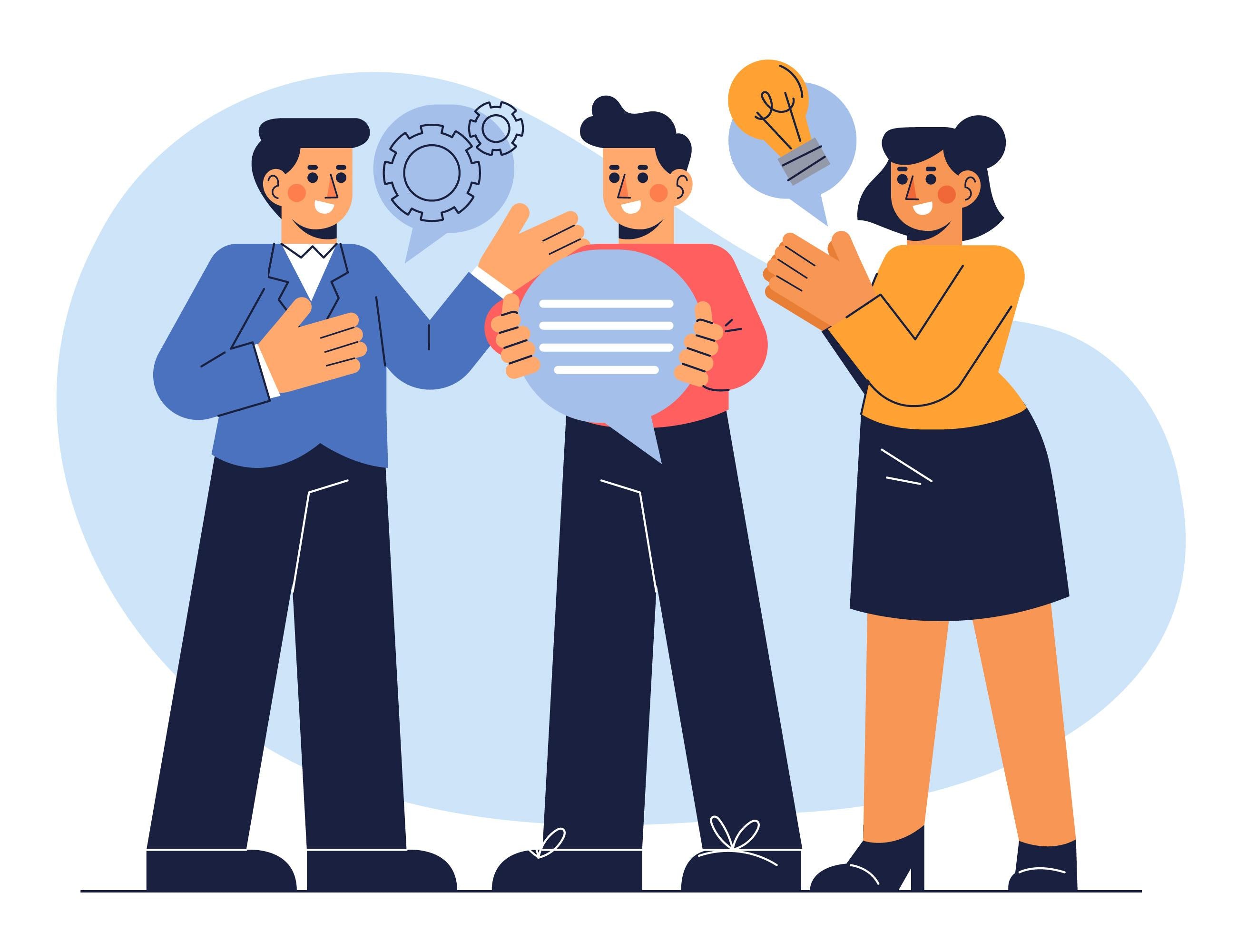 Ilustração negócios lucrativos. Um empreendedor vestindo azul conversa com um jovem em vermelho e uma jovem em amarelo