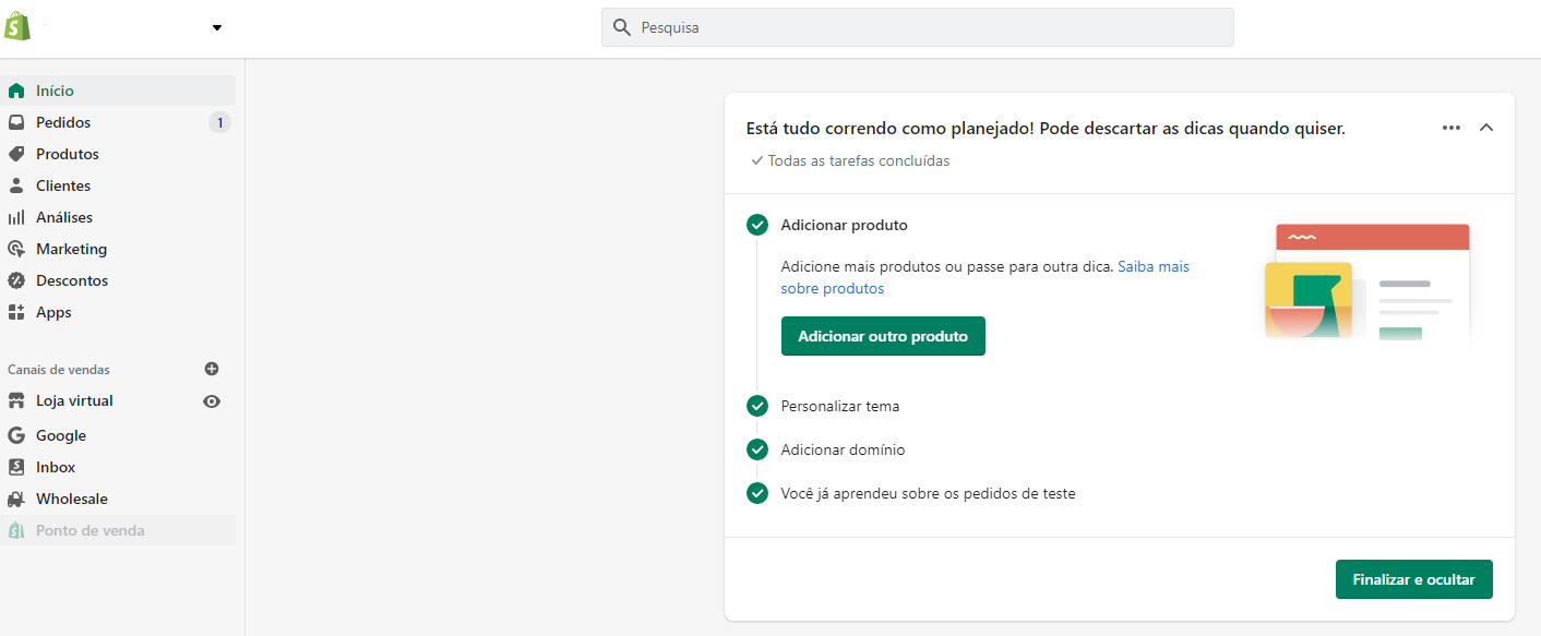 Como montar uma loja virtual na Shopify: captura de tela do admin da Shopify, mostrando a página inicial desse ambiente