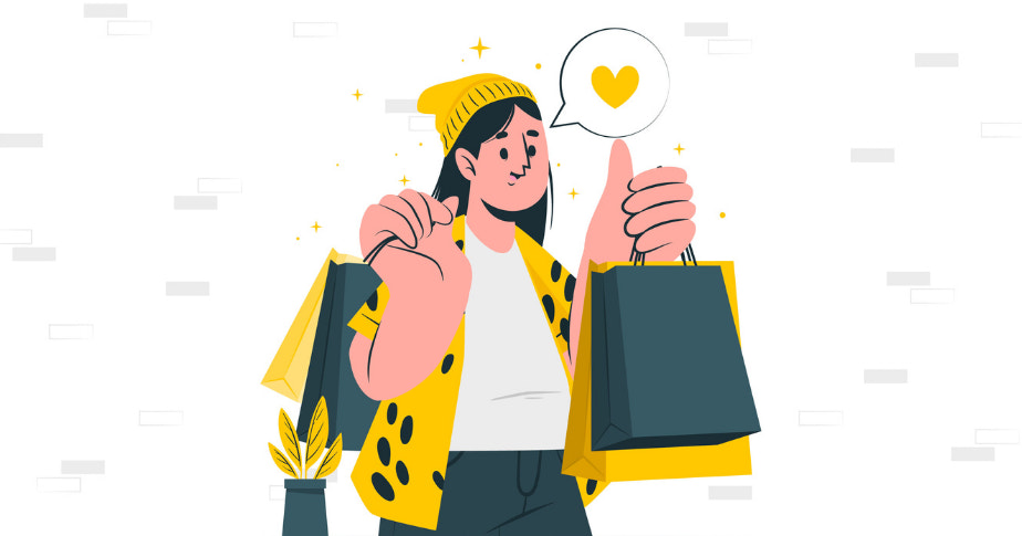 O que mais vende hoje? Ilustração de uma pessoa em tons de amarelo e preto. Ela está carregando sacolas de compra nas duas mãos. Há um balão de fala com um coração amarelo perto de sua cabeça, indicando que ela está feliz com as compras.