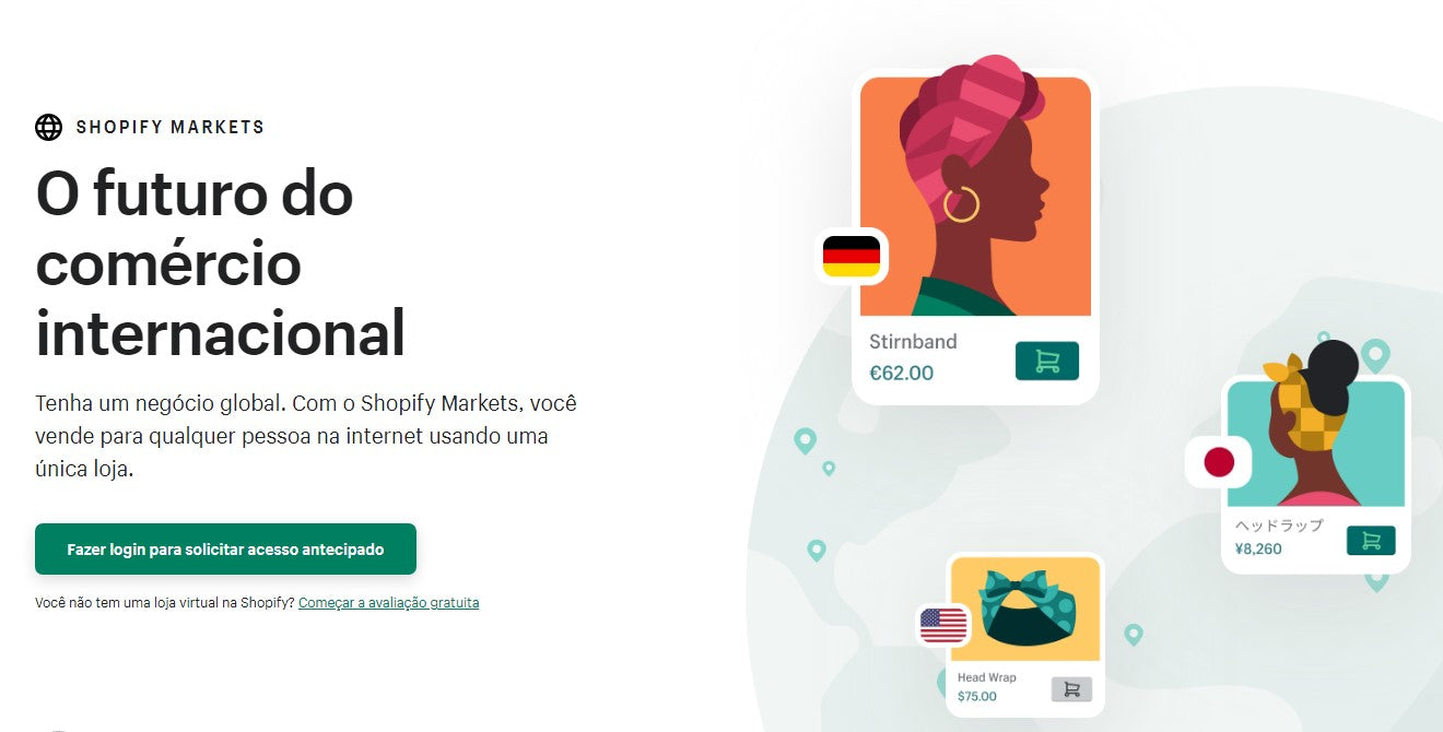 Captura de tela da página inicial em português do Shopify Markets