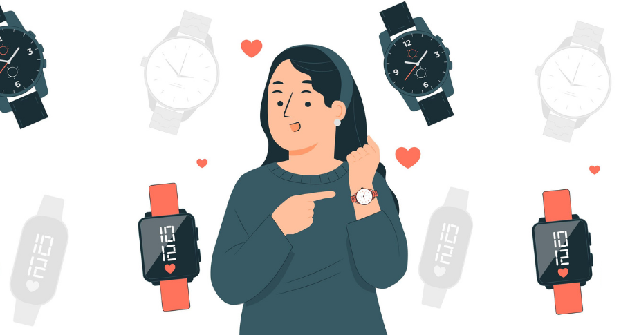 Como vender smartwatch e relógios com a Shopify? Uma ilustração com vários relógios e pequenos corações no plano de fundo. No centro, há uma mulher de preto. Ela está com um braço levantado e, sorridente, aponta para seu relógio de pulso.