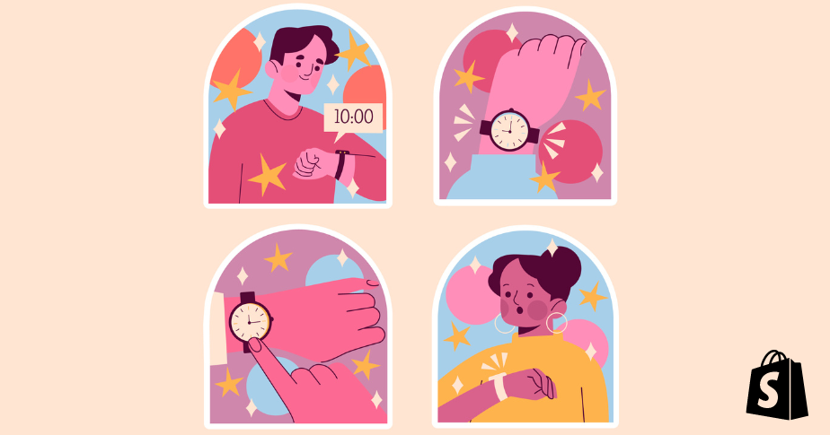 Vender relógio dá dinheiro? Ilustração com um fundo salmão. No primeiro plano há quatro pequenas ilustrações de tamanho igual: no sentido horário, um homem olhando a hora em um relógio, um pulso com um relógio, uma mulher olhando para seu relógio de pulso e um outro pulso com um relógio. 