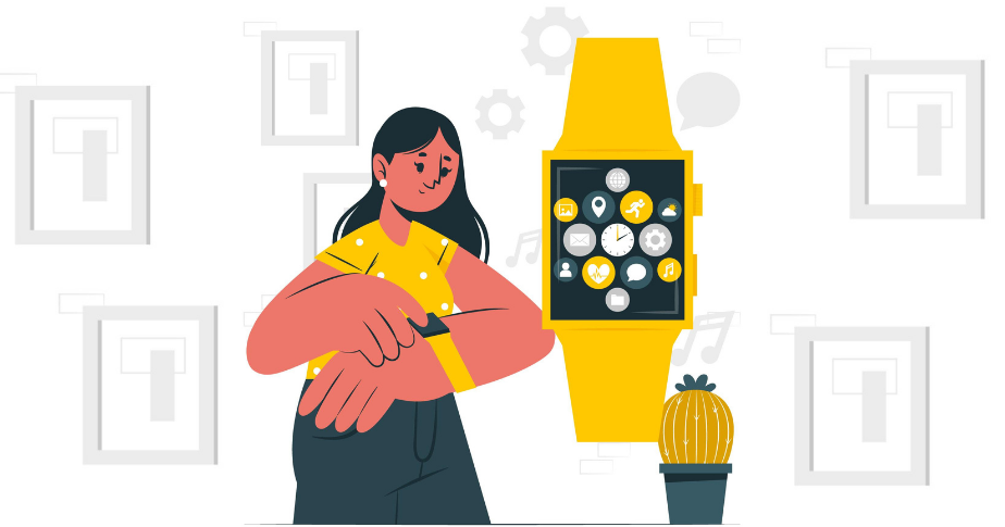 Vender relógio dá dinheiro? E se for um relógio usado? Uma ilustração em tons de branco e amarelo. No primeiro plano está uma jovem com uma blusa amarela e um smartwatch amarelo. Atrás dela está a tela do smartwatch, aumentada.  