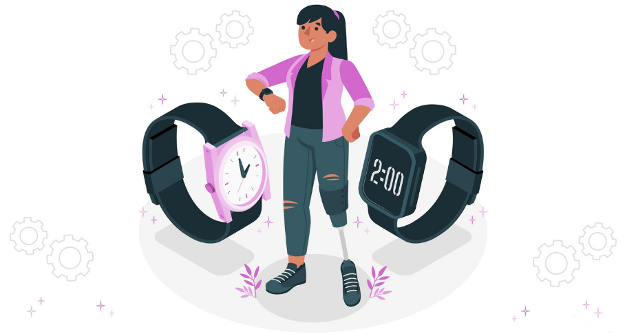 Vender relógio na internet com a Shopify: uma ilustração com um relógio de pulso tradicional e um smartwatch no fundo. Ambos estão em tamanho bem aumentado. No centro há uma mulher com um casaco roxo e uma prótese na perna. Ela está com um braço levemente levantado, mostrando seu smartwatch.