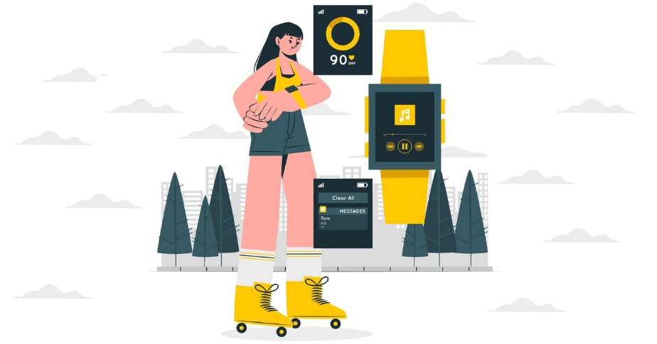 Como vender relógio na internet? Uma ilsutração em tons de branco e amarelo que mostra uma jovem ao ar livre, se exercitando. Ela está de patins eusa o smartwatch para monitorar seus batimentos cardíacos e escolher músicas para ouvir. As telas do smartwatch aparecerem ao fundo, aumentadas.