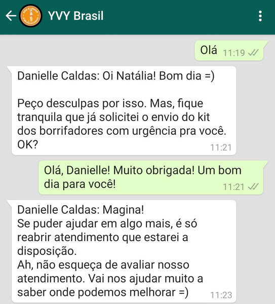 Conversa de cliente com atendente da marca YVY por chat do WhatsApp