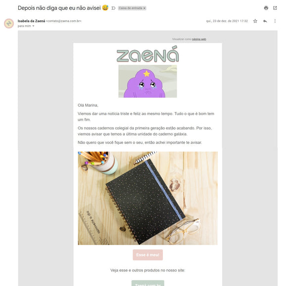 Zaená e-mail fim de estoque