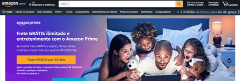 Print da página inicial da Amazon Prime, programa de fidelidade da Amazon