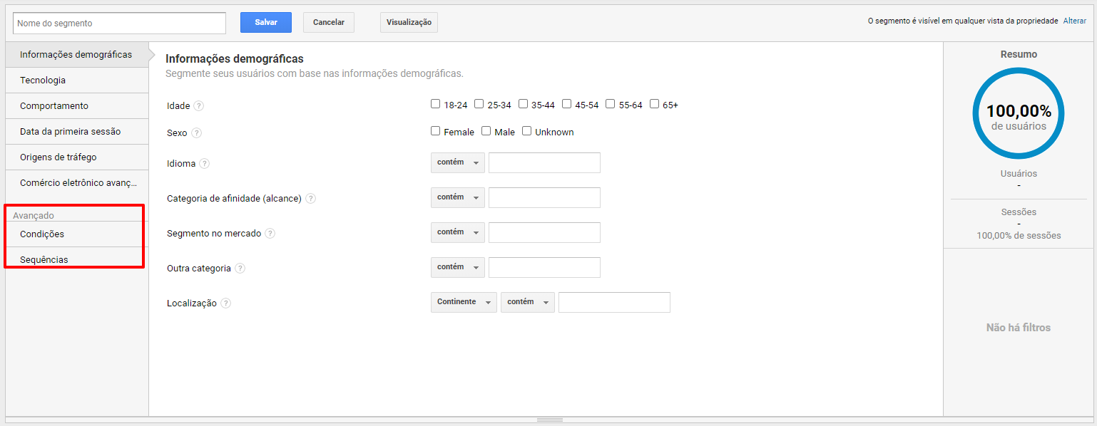 Como usar Google Analytics: captura de tela dos segmentos avançados