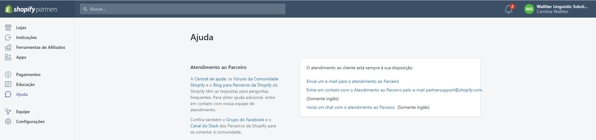 Seção Ajuda do painel de parcerias da Shopify