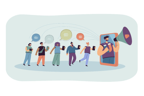 Ilustração mostra cinco pessoas, em fileira, se dirigindo a uma pessoa que está diante de um celular, segurando um megafone e um ímã. As pessoas em fila têm balões de diálogos sobre a cabeça.