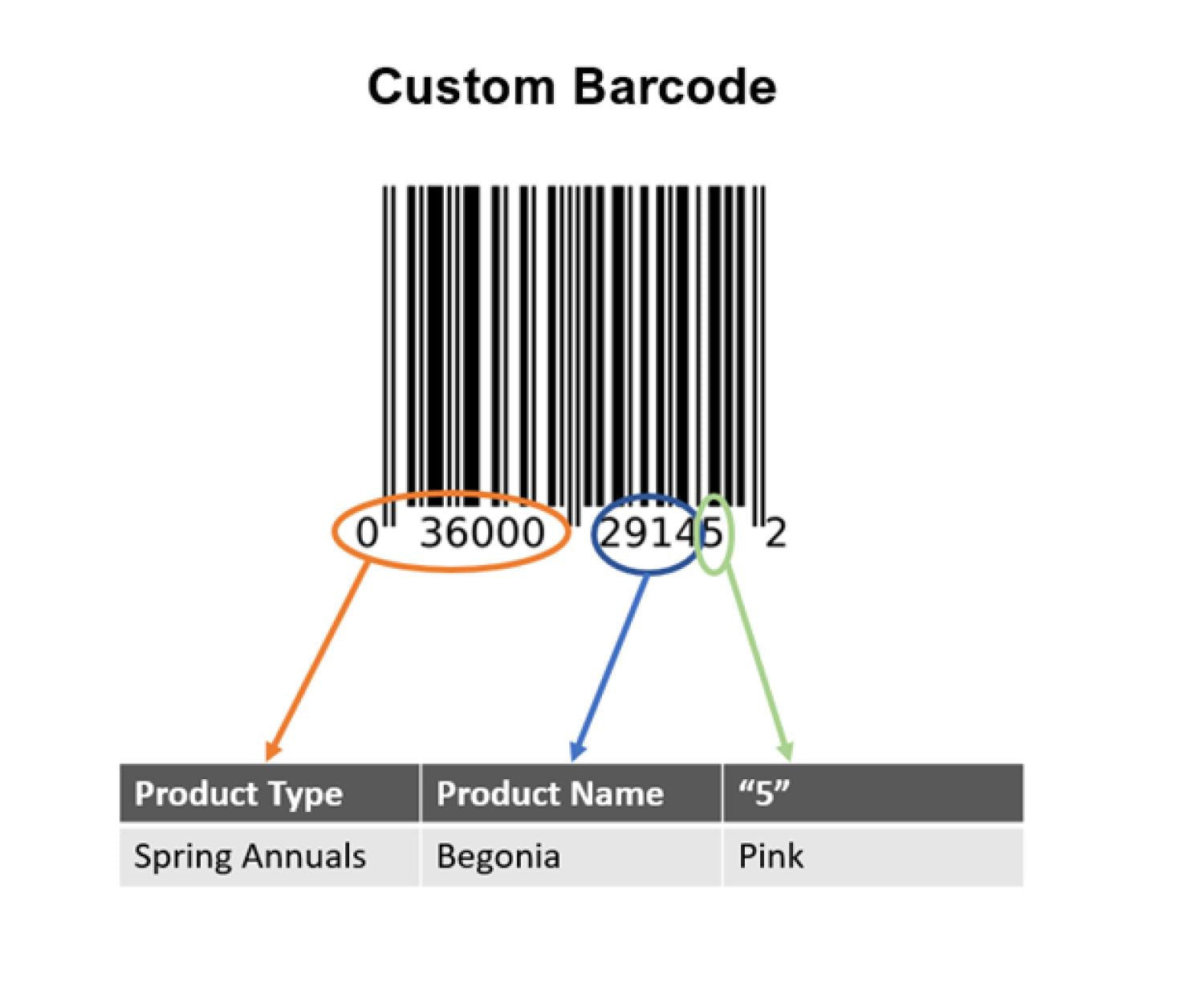 Código de barras personalizado codificando um tipo de produto, nome e SKU.