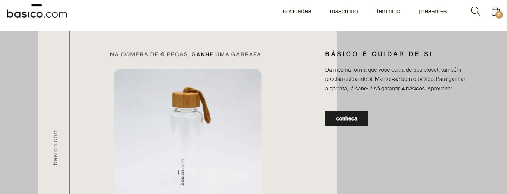 Captura de tela do site da basico.com, que exibe frases para divulgação de um brinde em compras acima de quatro peças