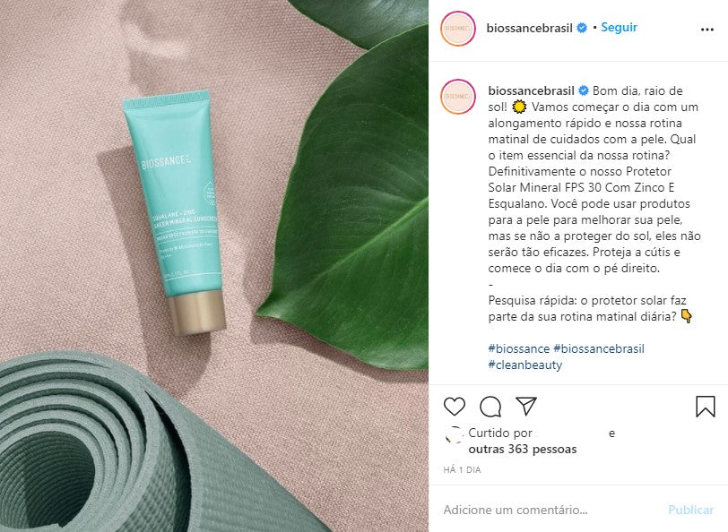 O que postar no Instagram: post da Biossance dá boas ideias de conteúdo para Instagram