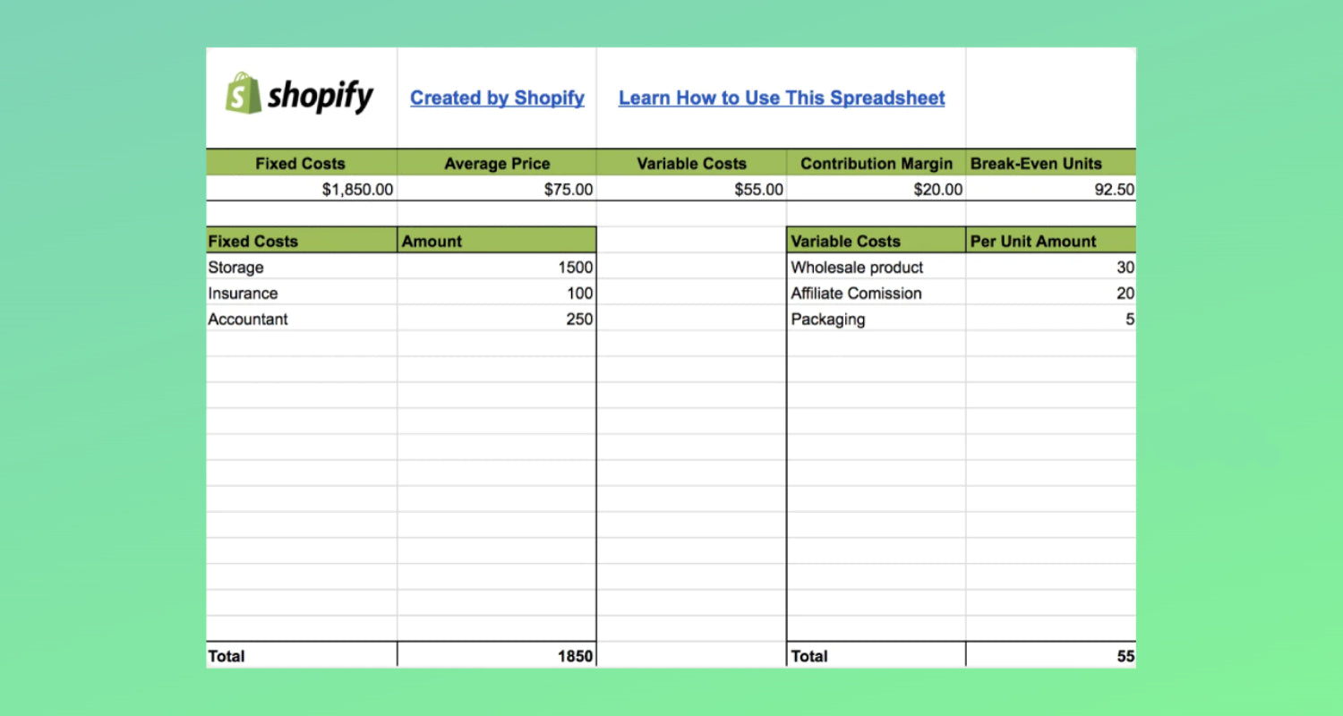 Planilha de breakeven Shopify