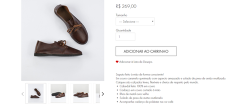 Página de produto: Descrição de Sapatos artesanais da Caíques