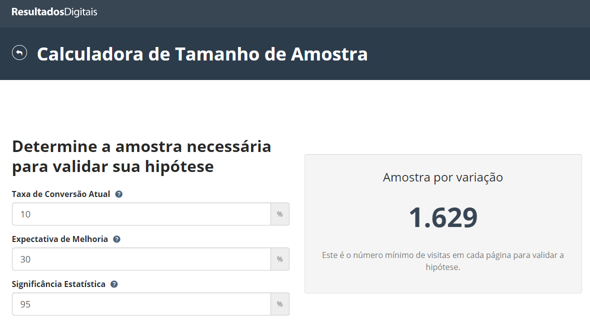 calculadora de tamanho de amostra teste A/B