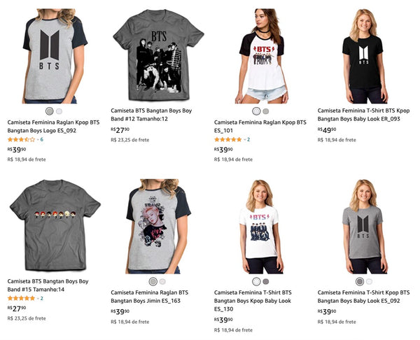 Captura de tela de resultado de busca no site da Amazon por camiseta do BTS.