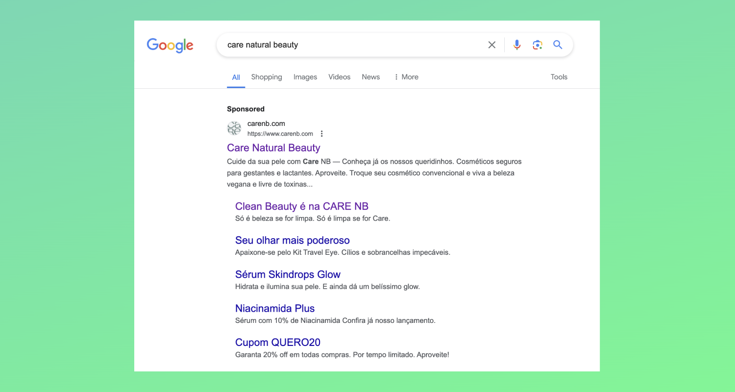 Pesquisa com marca no Google - Care Natural Beauty