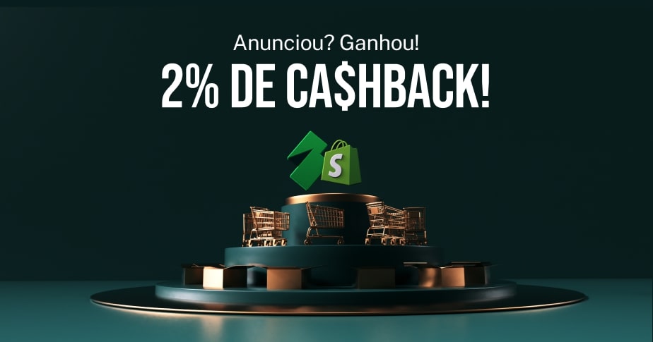 Imagem mostra os logos da Conta Simples e da Shopify lado a lado, no topo de um pódio. Acima, há os dizeres Anunciou? Ganhou! 2% de cashback!