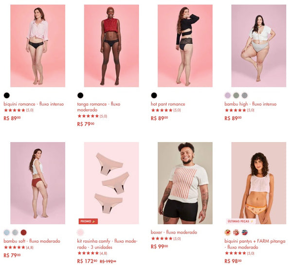 Captura de tela mostra o catálogo de produtos que está disponível no site da Pantys o ano todo e não só no mês do orgulho LGBTQIA+. Os modelos que posam para os oito produtos expostos têm corpos diversos e um deles é um anúncio para uma cueca menstrual, no qual o modelo é um homem trans.